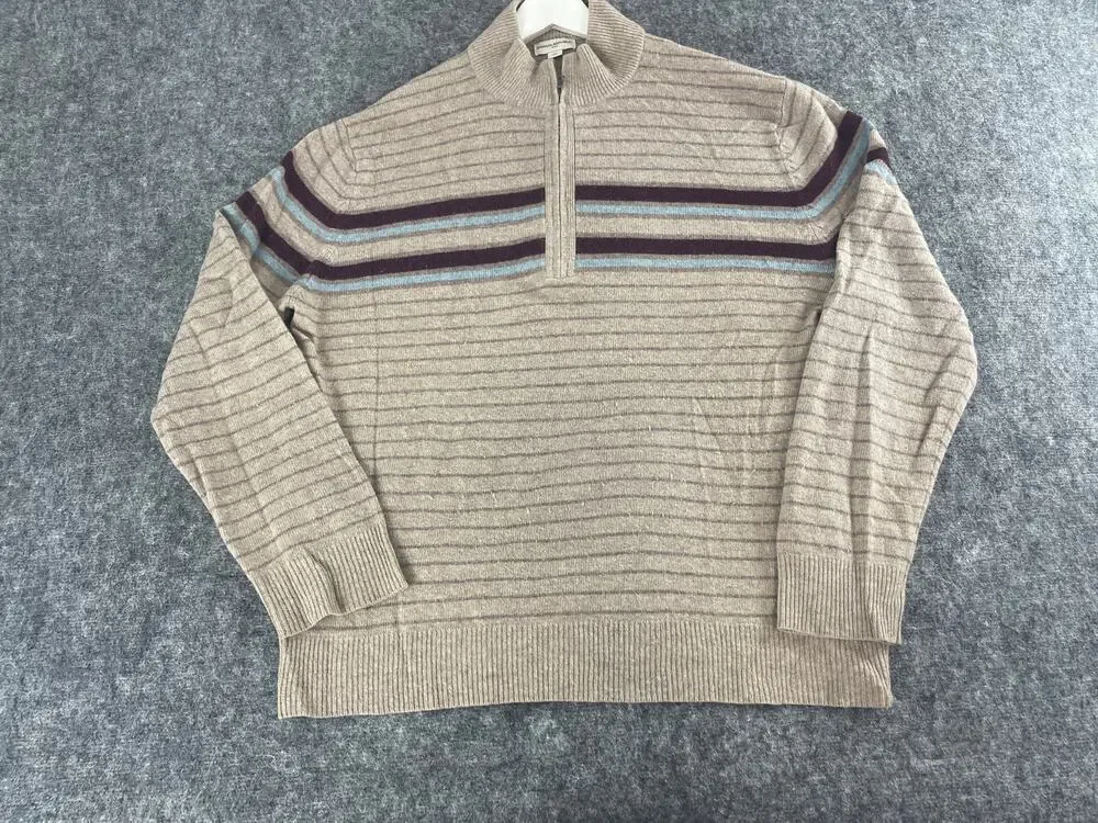 Banana Republic Sweater Mens 2XL Beige Striped 1/4 Zip 100% Wool Pullover N220